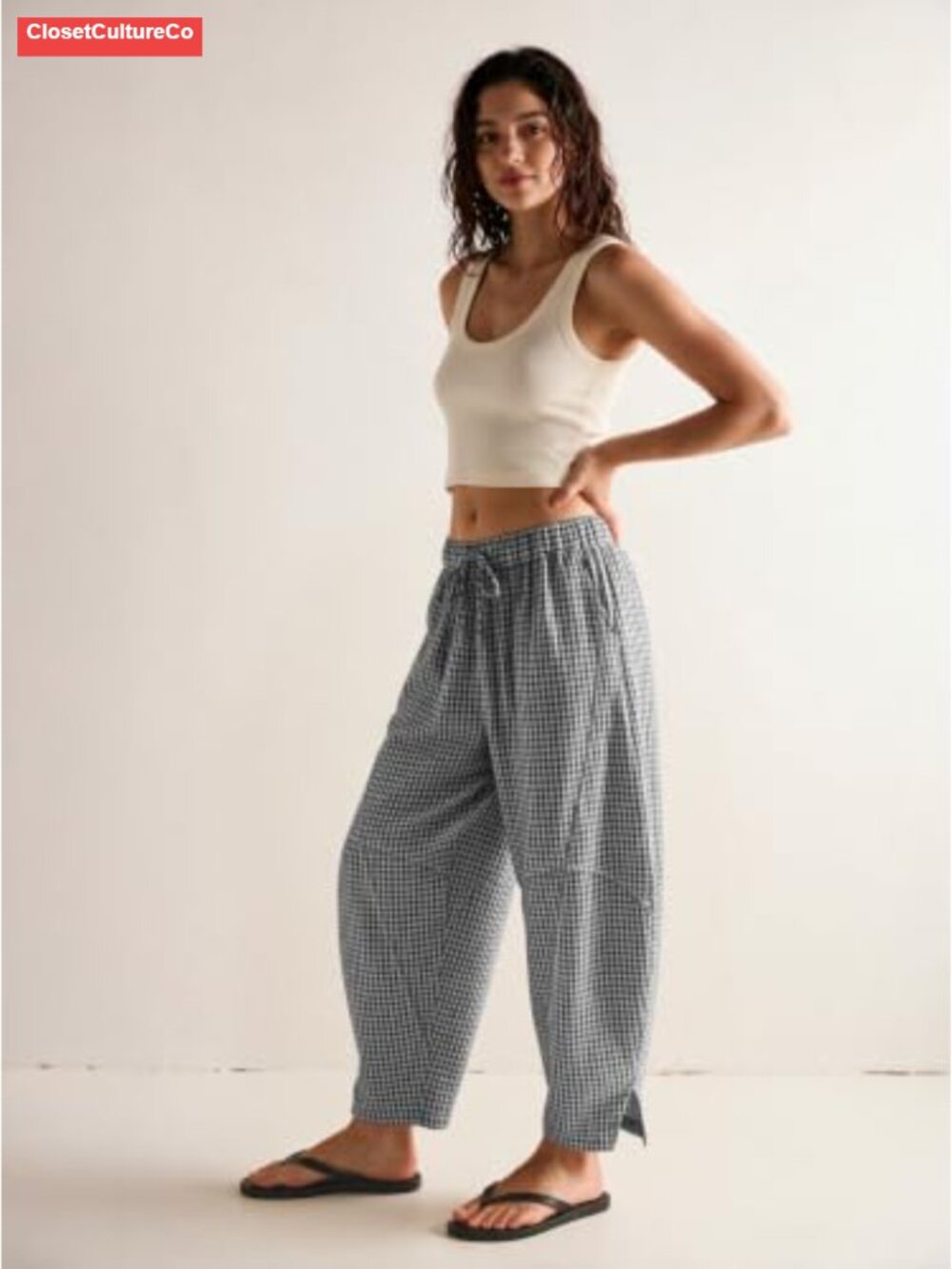 Womens Linen Gingham Barrel Pants Drawstring Casual Trousers - Picture 4 of 6